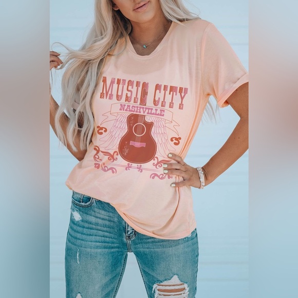 MUSIC CITY Cuffed Short Sleeve Tee Peach - Picture 4 of 4